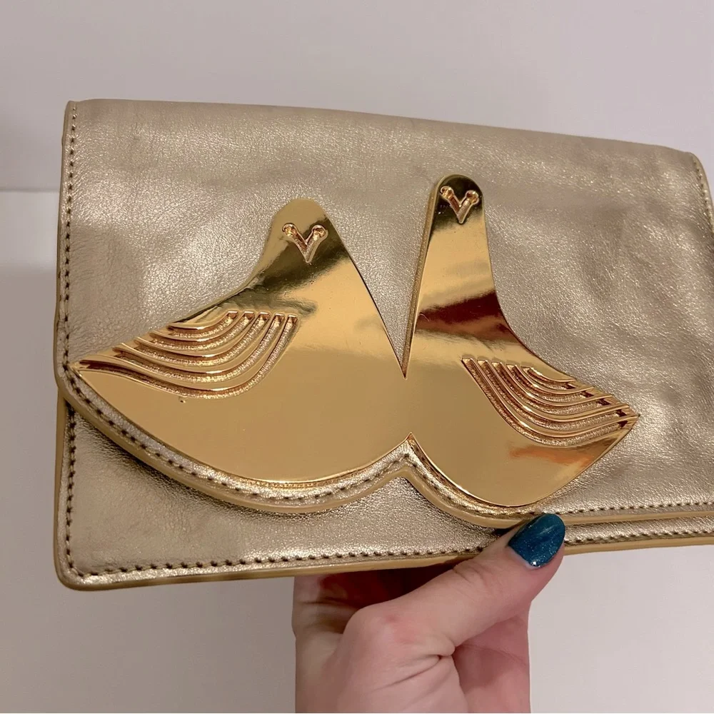 Jonathan Adler Gold Leather Clutch Wristlet with Metal Birds - Picture 6 of 14
